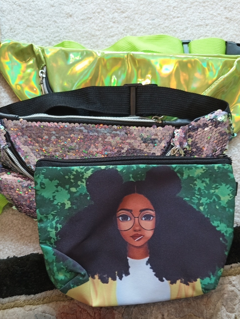 Set Of 3 - Afro Girl Printed Makeup Bag & 2 Waist-Belt Fanny Packs